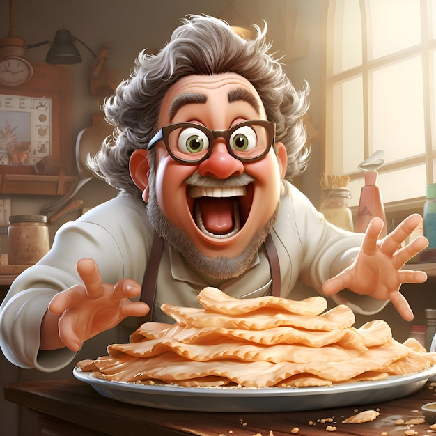 Cheerful old man in apron and glasses with pancake