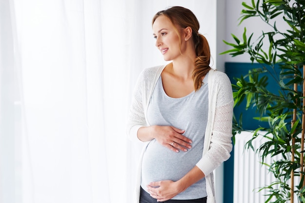 Free photo cheerful pregnant woman looking through window