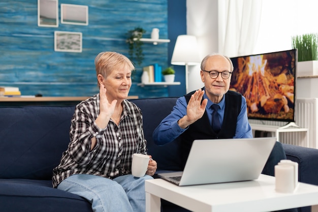 Cheerful senior couple in living room waving at webcam during online call