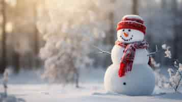 Foto gratuita un allegro pupazzo di neve adornato con una sciarpa e un cappello si trova in una distesa innevata