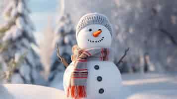 Free photo a cheerful snowman adorned with a scarf and hat stands in a snowy expanse
