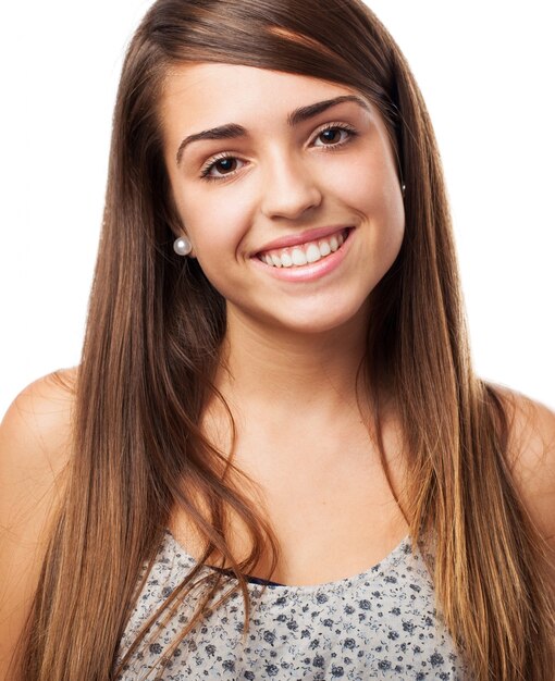 Cheerful student with long hair on white background