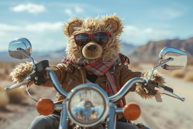 Free photo cheerful teddy bear riding motorbike in a desert ai generated