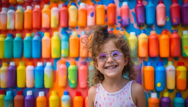 Cheerful toddler holding refreshing blue water bottle outdoors generated by AI