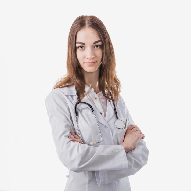 Cheerful woman doctor looking at camera