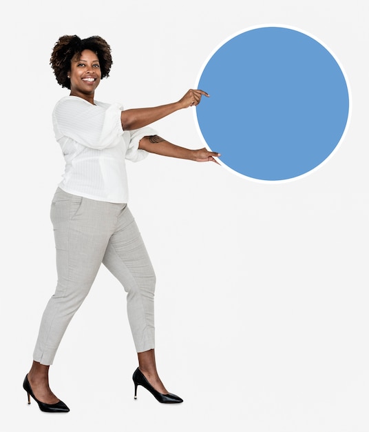 Cheerful woman holding a blank blue circle