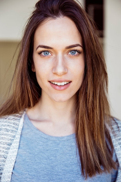 Cheerful woman with blue eyes