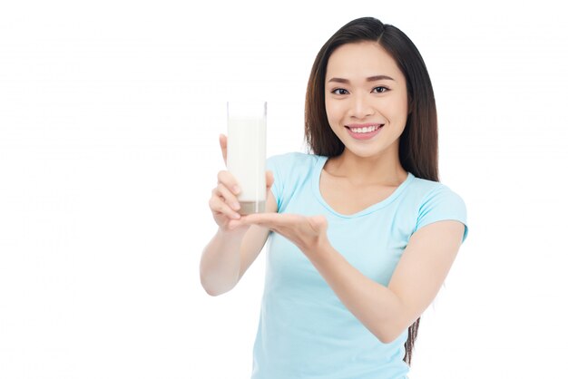 Cheerful Woman with Glass of Milk