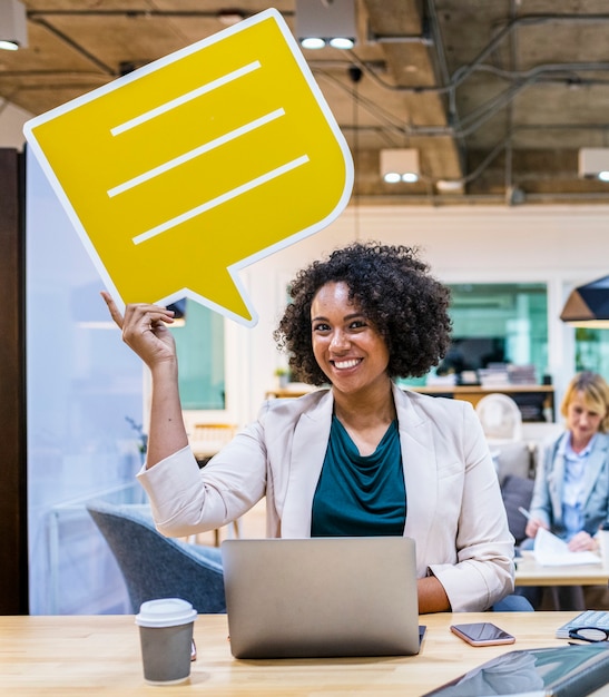 Cheerful woman with a speech bubble