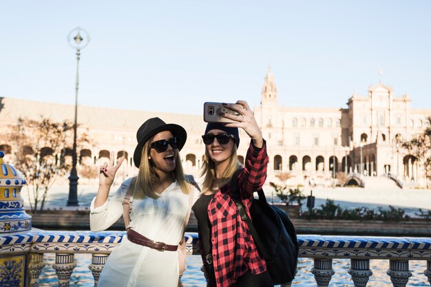 Cheerful women posing for selfie on bridge