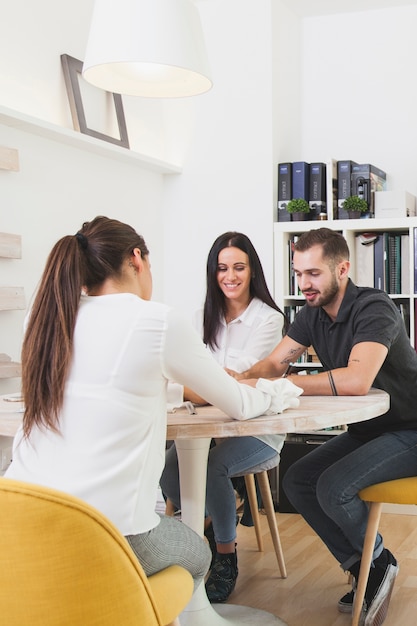 Cheerful workers brainstorming