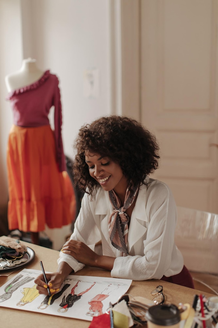Free Photo cheerful young darkskinned woman in white trendy blouse draws clothes samples attractive fashion designer sits at table