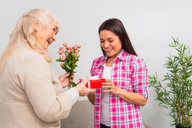 Cheerful young woman looking at red gift box given by her senior mother