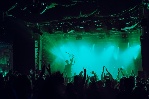 Cheering crowd having fun at music festival in a nightclub