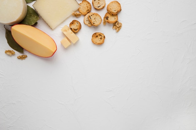 チーズ;パンのスライスと白い織り目加工の表面上のクルミ
