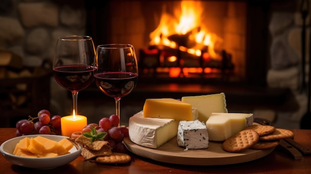 Free photo a cheese platter and wine presented in front of a fire