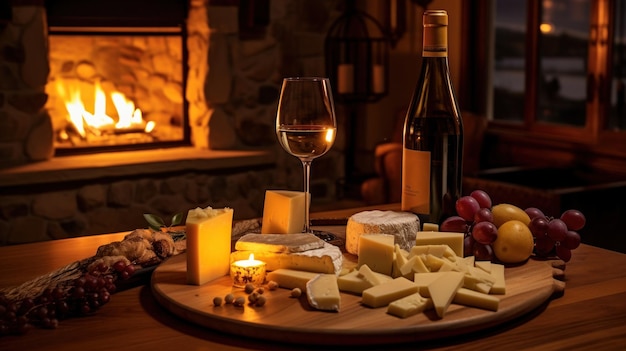 Free photo a cheese platter and wine presented in front of a fire