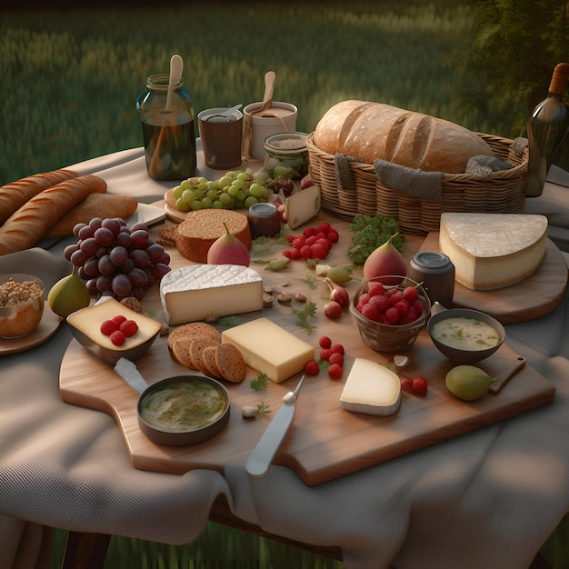 無料写真 農村でブドウとチーズの皿とパンとワイン