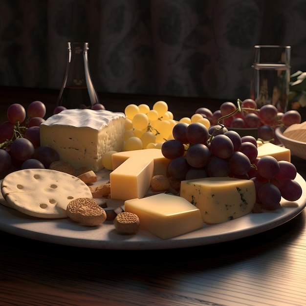 Free photo cheese platter with grapes wine and crackers on wooden table