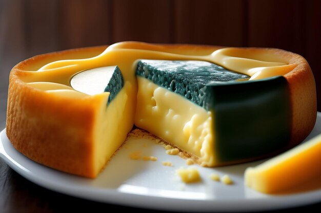 A cheese that has been cut into pieces.