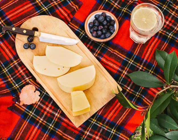 Free photo cheese on wooden chopping board for picnic