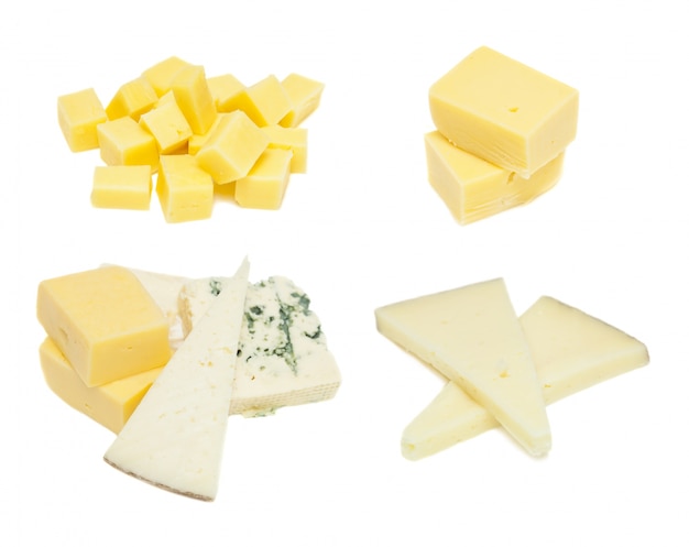 Cheeses of different types on a white background