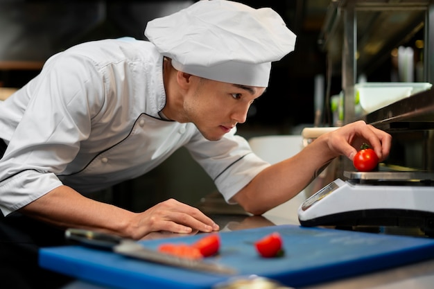 Foto gratuita chef che cucina in cucina indossando abiti professionali