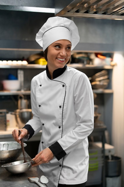 Foto gratuita chef che cucina in cucina indossando abiti professionali