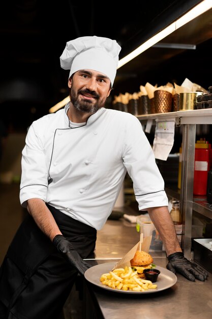 Chef cooking in the kitchen while wearing professional attire