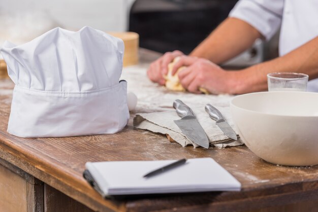 Chef in kitchen making dough