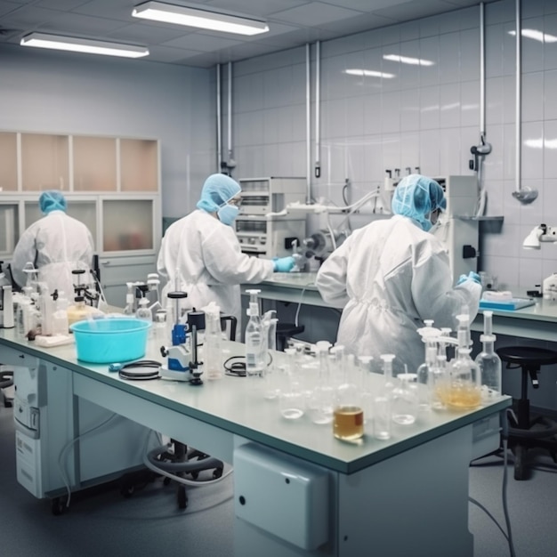 Free photo chemical lab with scientists in protective costumes working with flasks chemicals and equipment