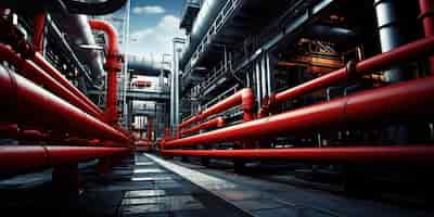 Бесплатное фото Химические заводы ярко-красные резервуары выделяются на фоне запутанности труб и стальных конструкций