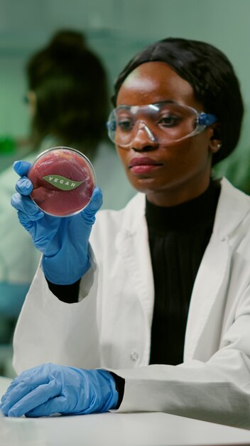 Chemist looking at lab-grown vegan meat sample for microbiology expertise