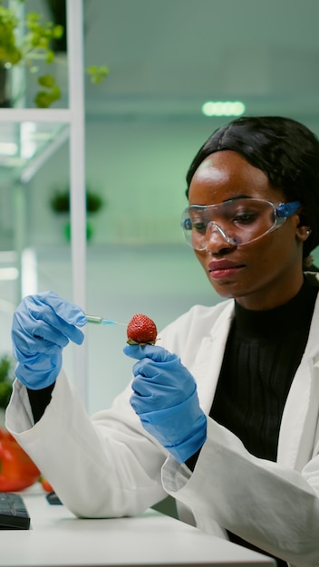 과일의 DNA 검사를 검사하는 유기 액체로 딸기를 주입하는 화학자 과학자