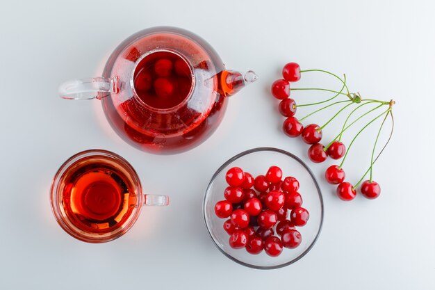 Cherries in a bowl with tea flat lay