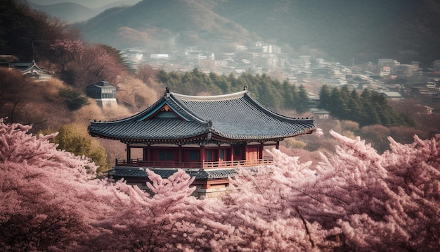 Foto gratuita il fiore di ciliegio adorna l'antica pagoda in giappone generata dall'ia