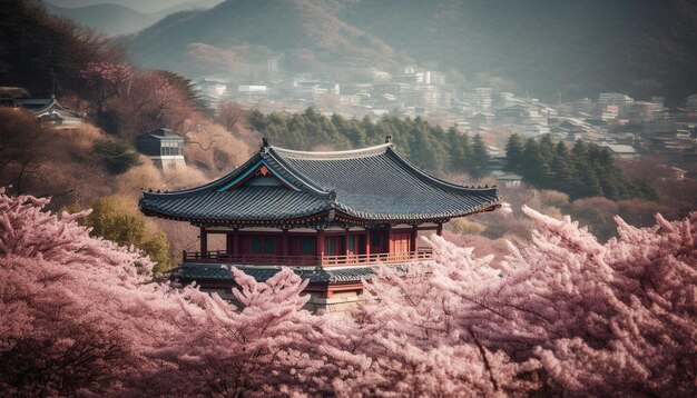 Cherry blossom adorns ancient pagoda in Japan generated by AI