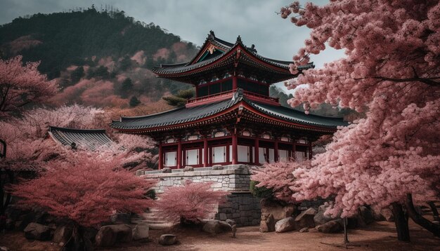 Cherry blossom blooms in ancient pagoda garden generated by AI
