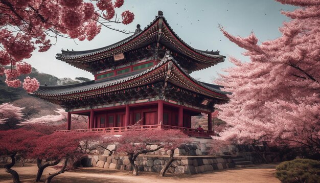 Cherry blossom tree in ancient Japanese pagoda generated by AI