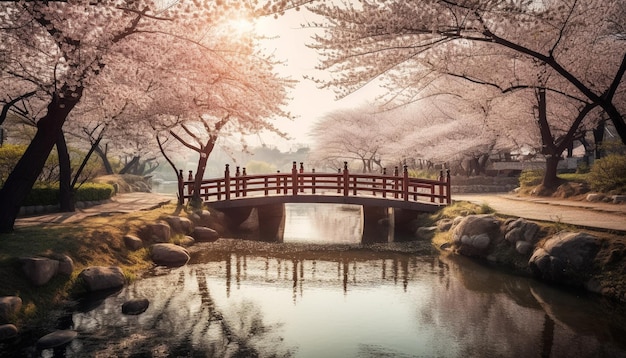 Free photo cherry blossom tree reflects in tranquil pond generated by ai