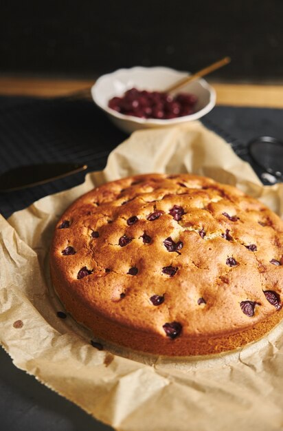 Cherry Cake with sugar powder and ingredients