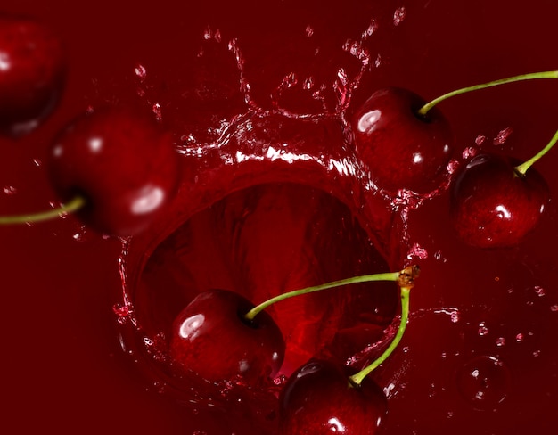 Free photo cherry falling into the lot of juice