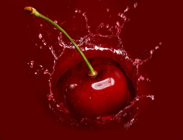 Cherry falling into the lot of juice