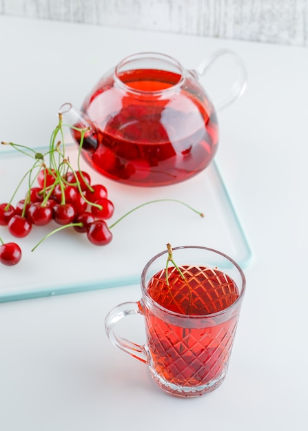Cherry with tea, cutting board, high angle view.