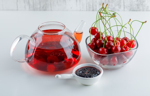 Cherry with tea, jam in a bowl, high angle view.