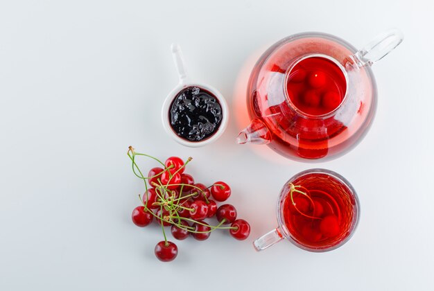 Cherry with tea, jam top view