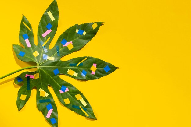 Chestnut leaf with dots and yellow copy space background