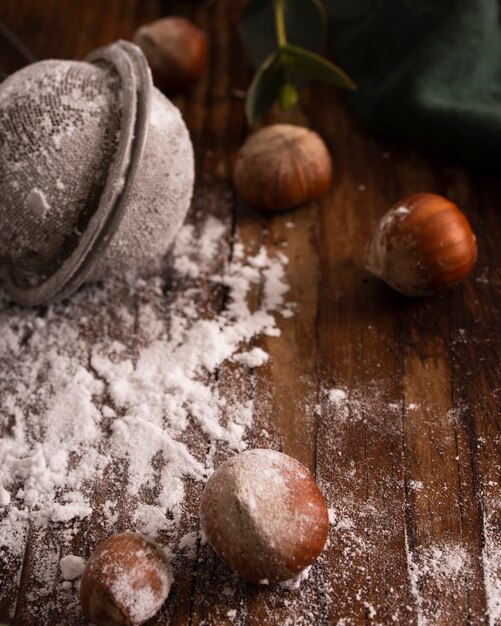 Chestnuts and strainer close up