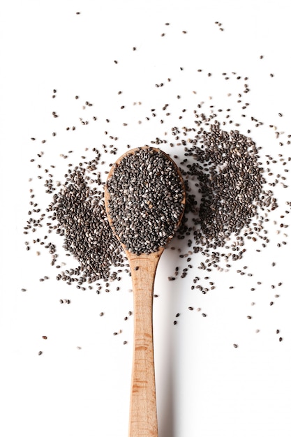 Chia seeds on a wooden spoon