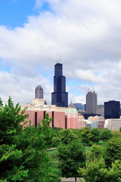 Chicago skyline with trees and law with cloudy blue sky.